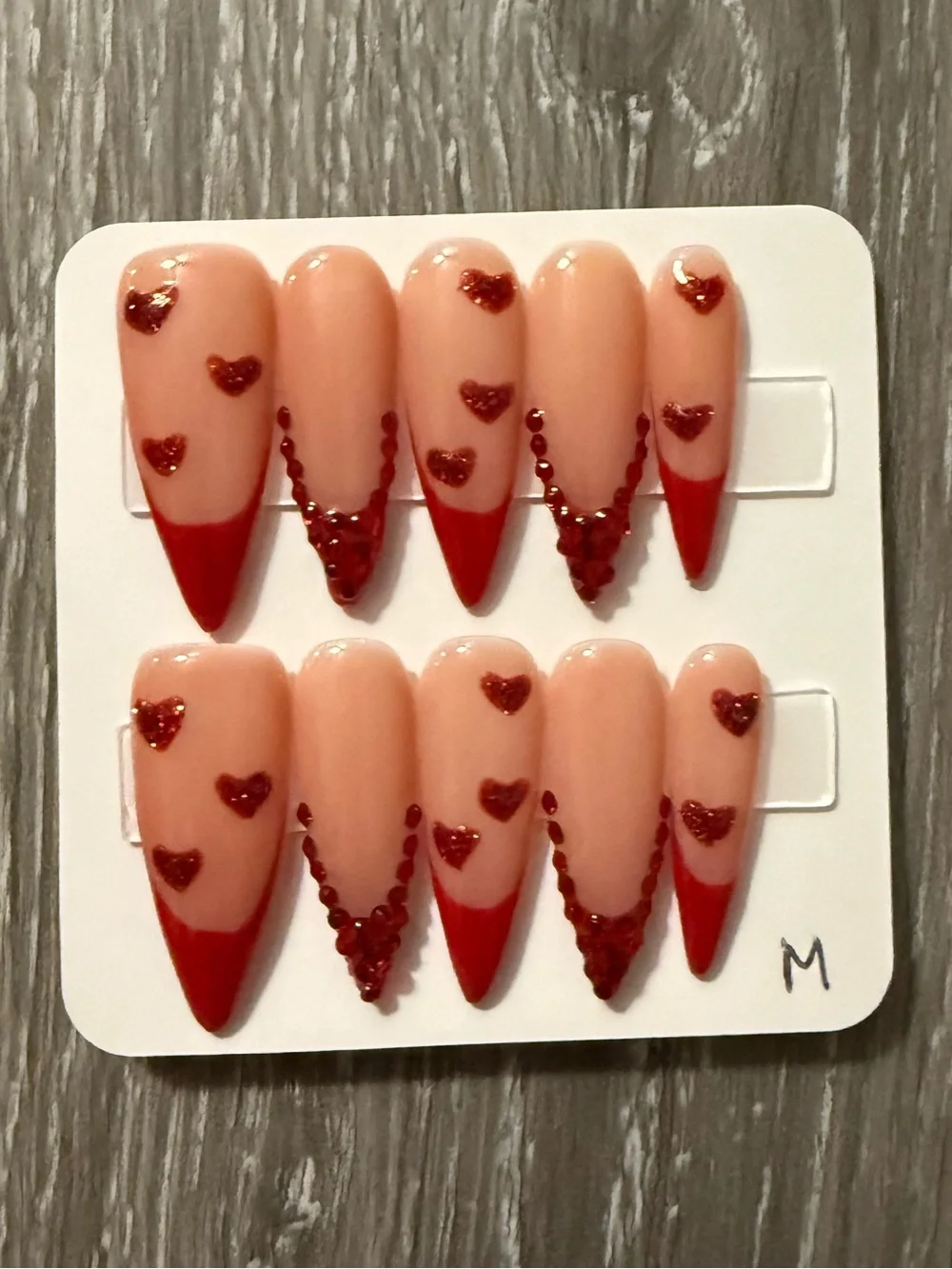 Press-On Stiletto Nails with Red Heart Accents - Nude Base